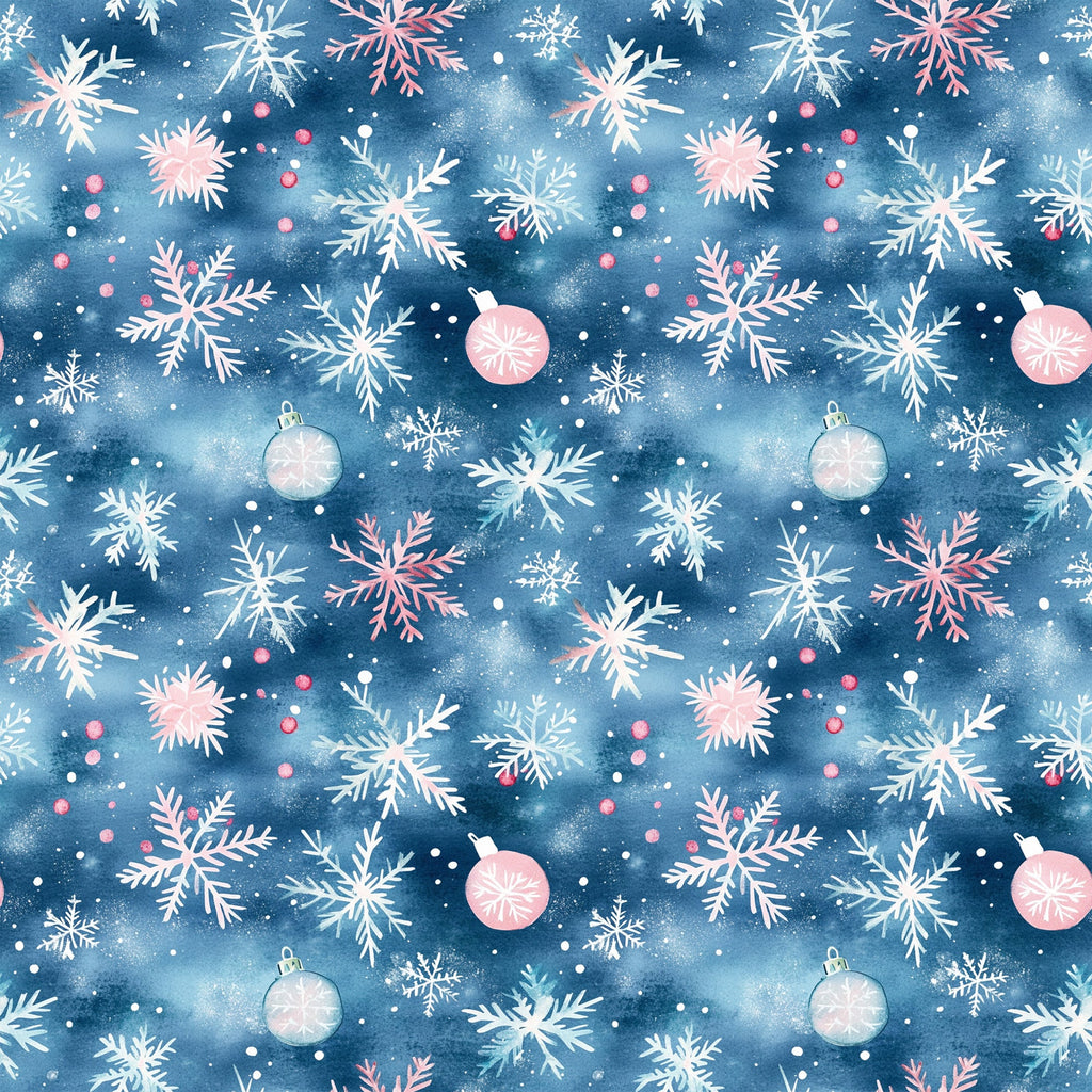 watercolor blue, christmas ornaments, snowflakes, pink accents, white snowflakes, winter pattern, holiday fabric,, fabric panel, festive design, blue background, christmas baubles, seasonal motifs, watercolor style, winter wonderland, holiday ornaments, repeating pattern, craft fabric, christmas decor