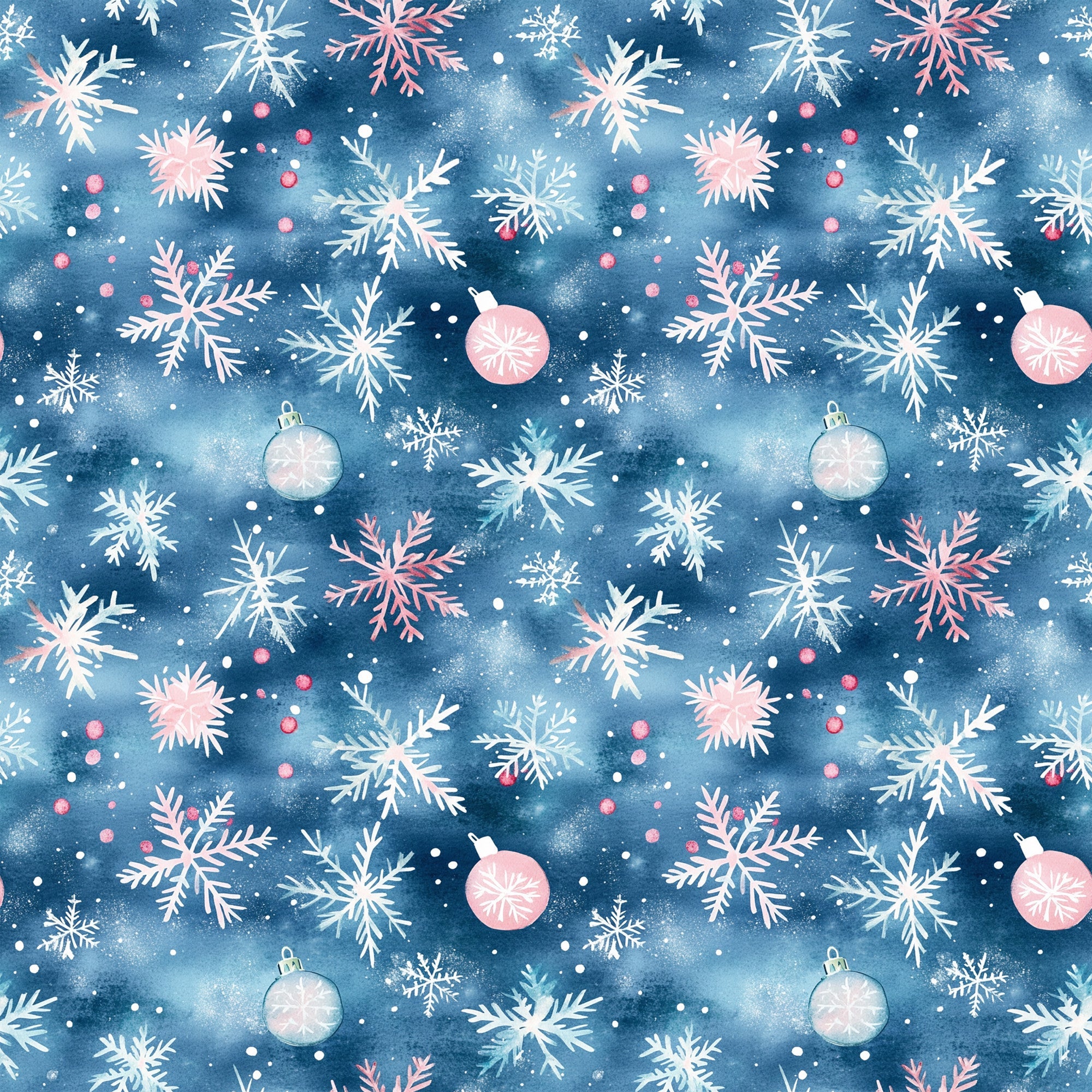watercolor blue, christmas ornaments, snowflakes, pink accents, white snowflakes, winter pattern, holiday fabric,, fabric panel, festive design, blue background, christmas baubles, seasonal motifs, watercolor style, winter wonderland, holiday ornaments, repeating pattern, craft fabric, christmas decor
