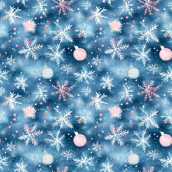 watercolor blue, christmas ornaments, snowflakes, pink accents, white snowflakes, winter pattern, holiday fabric,, fabric panel, festive design, blue background, christmas baubles, seasonal motifs, watercolor style, winter wonderland, holiday ornaments, repeating pattern, craft fabric, christmas decor