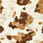 cow print, cowhide pattern, brown spots, tan patches, cream background, animal hide, western theme, rustic design, irregular spots, organic shapes, natural texture,, fabric panel, ranch style, farmhouse aesthetic, earth tones, mottled appearance, livestock pattern, country motif