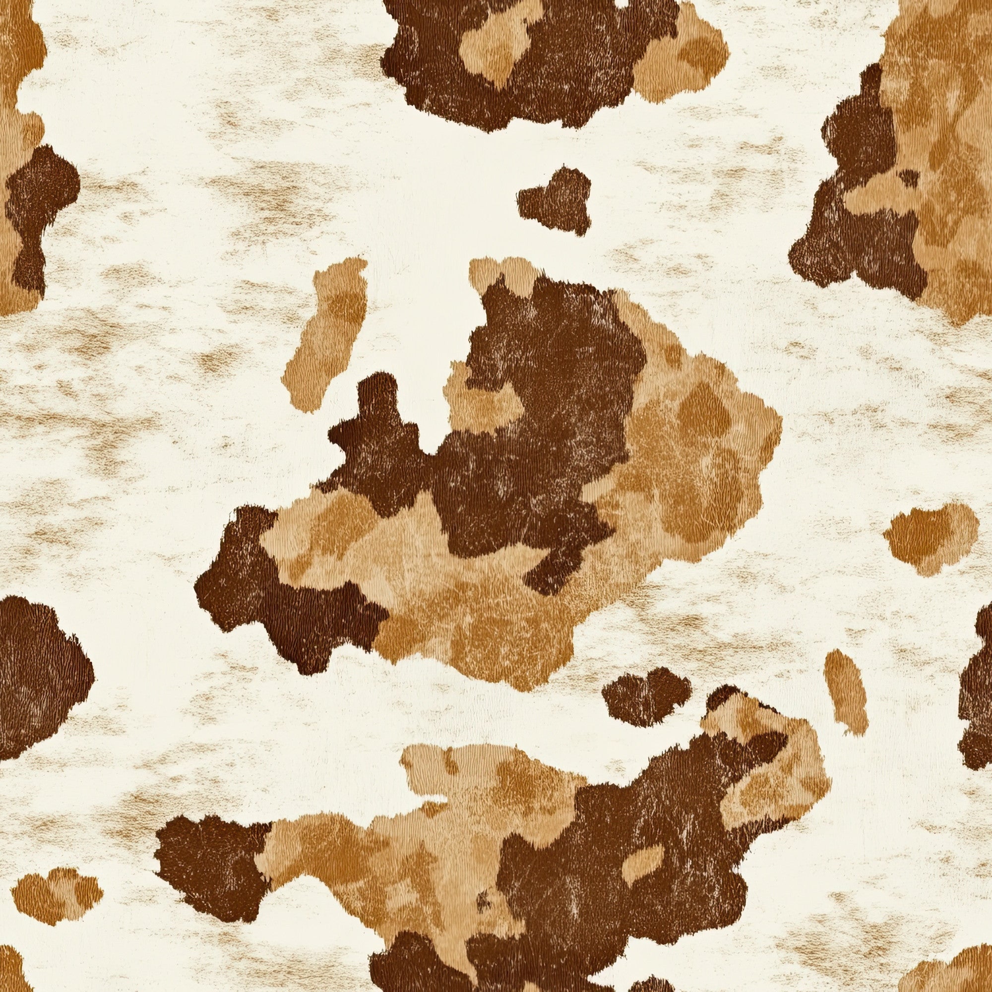 cow print, cowhide pattern, brown spots, tan patches, cream background, animal hide, western theme, rustic design, irregular spots, organic shapes, natural texture,, fabric panel, ranch style, farmhouse aesthetic, earth tones, mottled appearance, livestock pattern, country motif