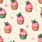 holiday cupcakes, christmas cupcakes, pink frosting, holly berries, festive desserts, candy canes, snowflakes, peppermint, baking theme, bakery, holiday baking, christmas sweets, whimsical, playful, kids, children, nursery, cream background, coral pink, forest green, red berries, gold accents, winter holiday, seasonal, dessert motifs, cupcake pattern, festive treats, cheerful, cheerful design, pastel pink