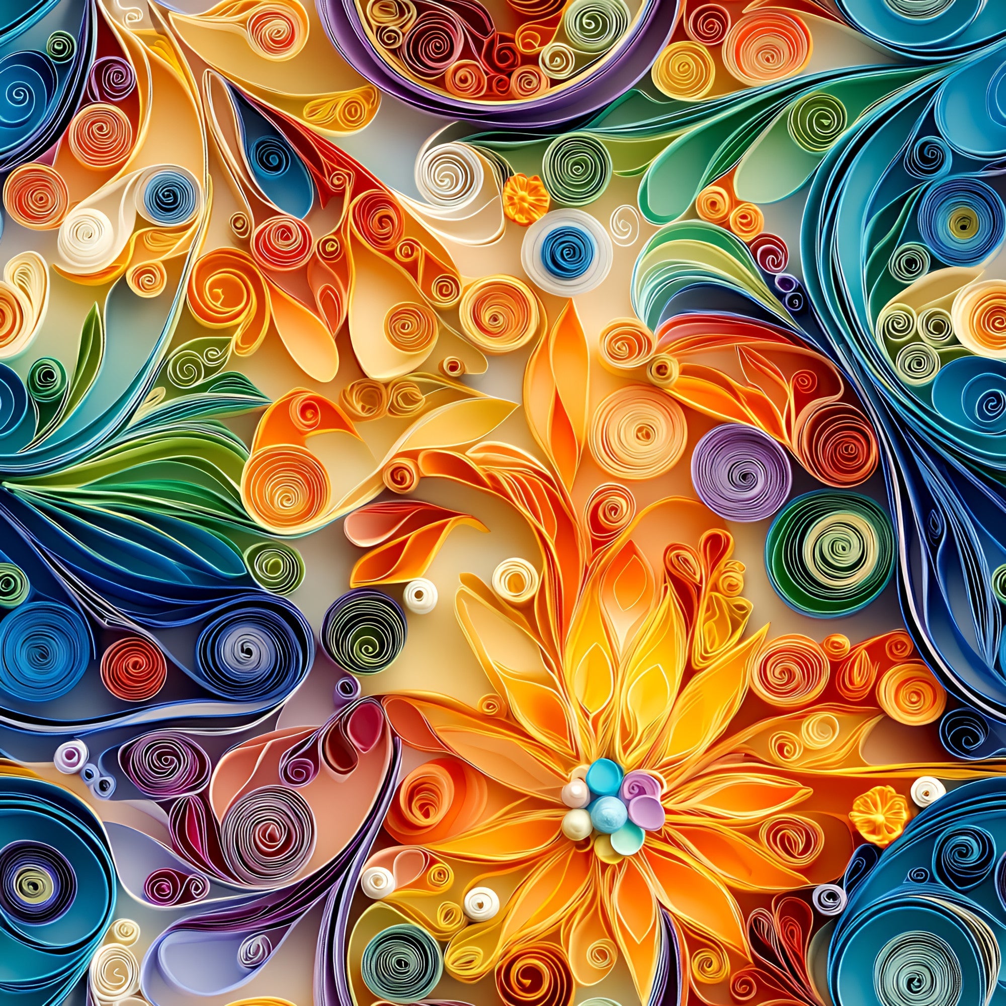 abstract art, paper quilling, swirls, spirals, orange flower, blue accents, green leaves, purple coils, yellow petals, red swirls, colorful patterns, dimensional design, rolled paper art, floral motifs, vibrant colors,, fabric panel, artistic swirls, curved lines, mixed media style