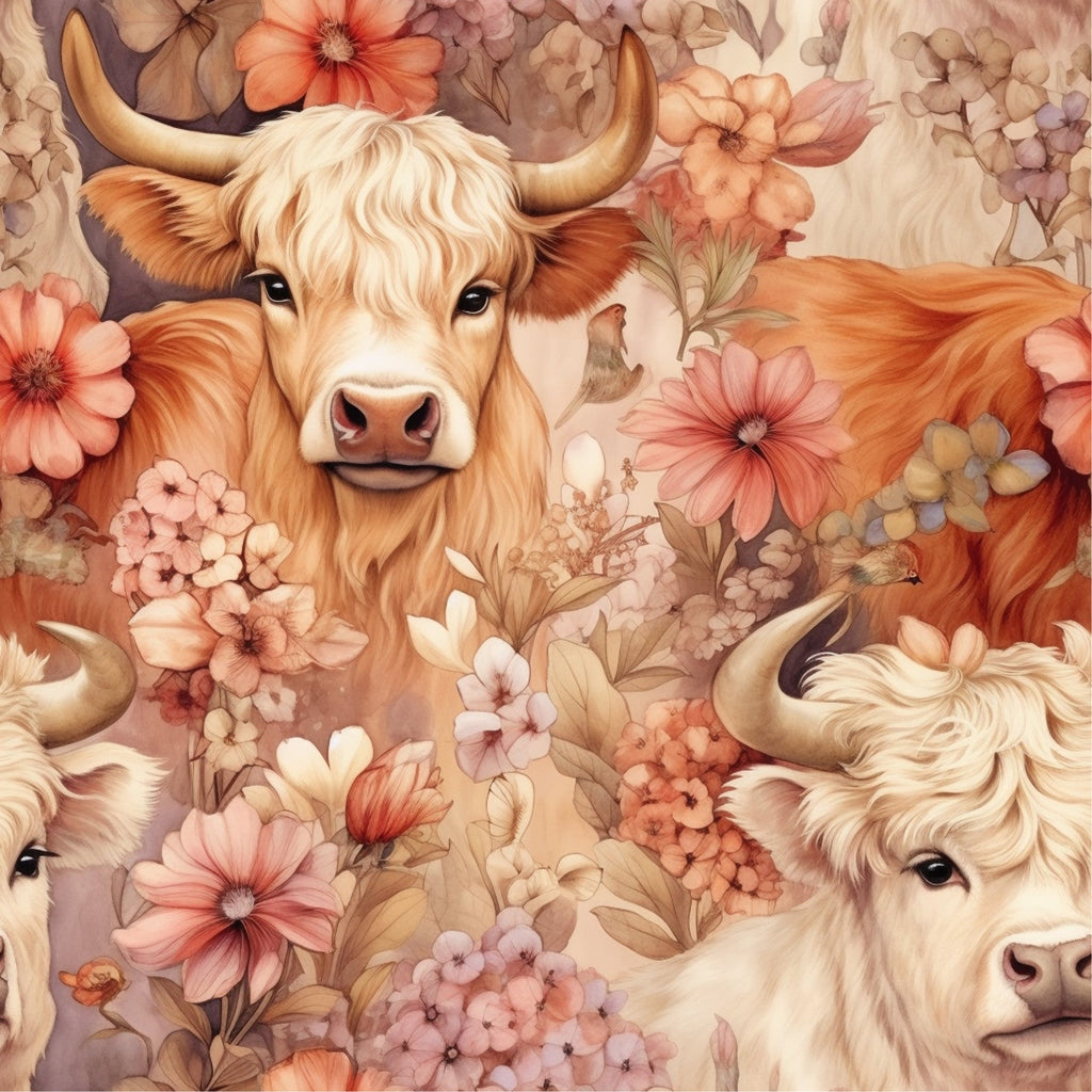 highland cows, floral pattern, peach flowers, coral blooms, cream colored, golden brown, horned cattle, farm animals, pastoral scene, botanical elements,, fabric panel, soft pastels, watercolor style, country charm, rustic theme, seamless repeat, vintage florals, cottagecore aesthetic