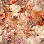 highland cows, floral pattern, peach flowers, coral blooms, cream colored, golden brown, horned cattle, farm animals, pastoral scene, botanical elements,, fabric panel, soft pastels, watercolor style, country charm, rustic theme, seamless repeat, vintage florals, cottagecore aesthetic