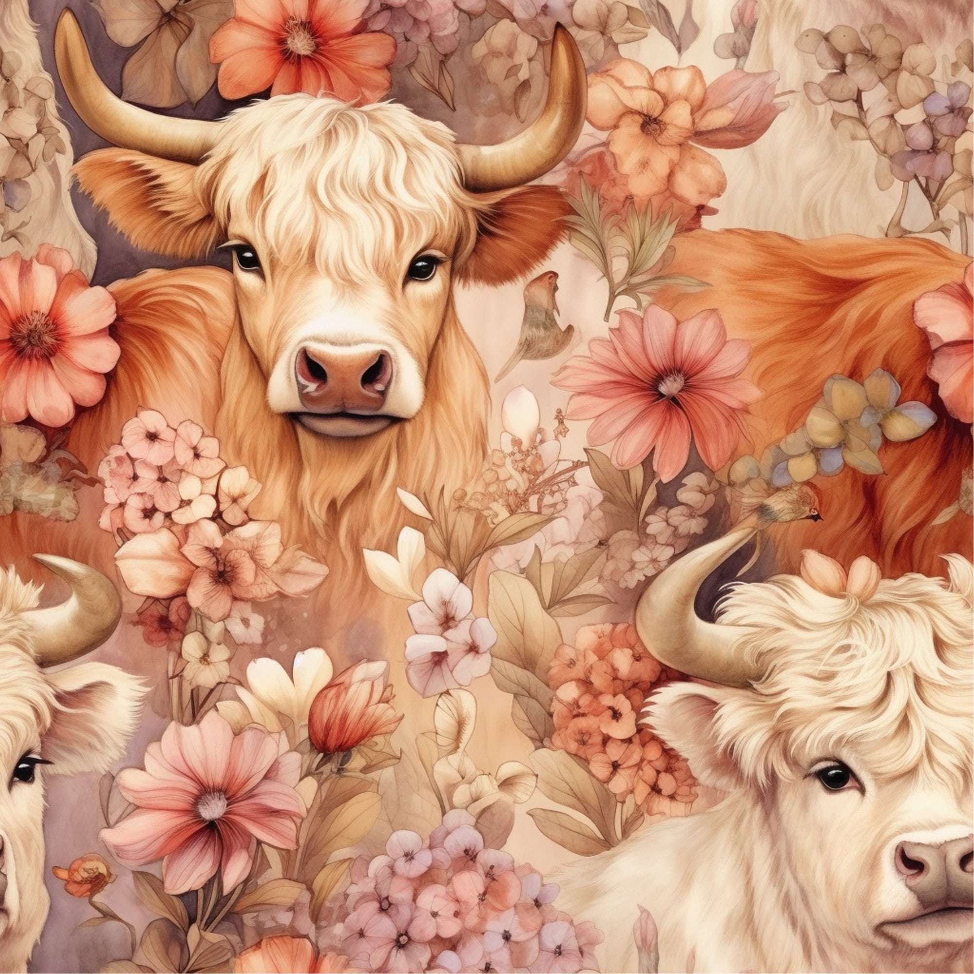 highland cows, floral pattern, peach flowers, coral blooms, cream colored, golden brown, horned cattle, farm animals, pastoral scene, botanical elements,, fabric panel, soft pastels, watercolor style, country charm, rustic theme, seamless repeat, vintage florals, cottagecore aesthetic