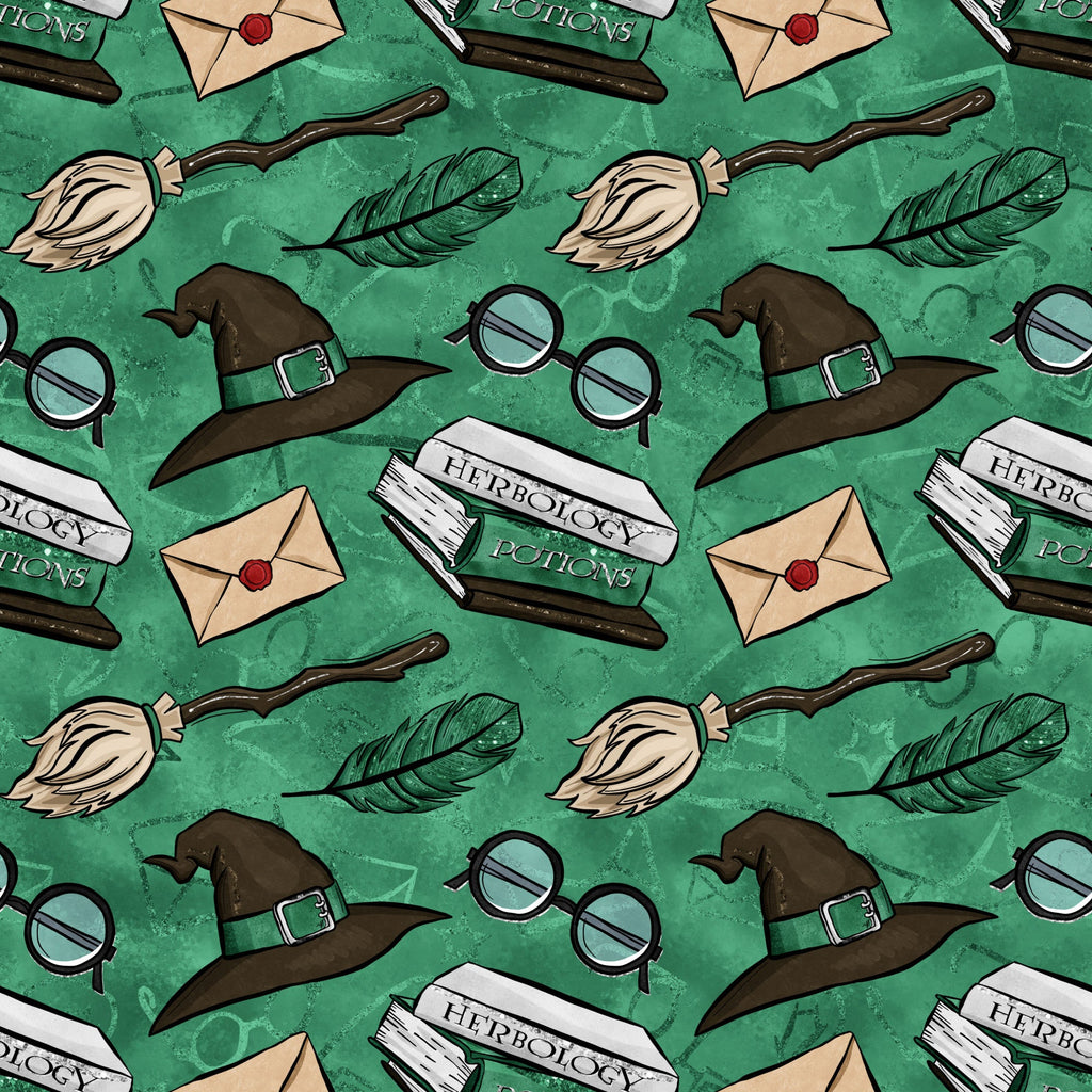 emerald green, forest green, wizard hat, round glasses, broomstick, feather quill, herbology potions, envelope, red wax seal, magical elements, wizarding school, repeating pattern,, fabric panel, whimsical illustration, cartoon style, magic theme, potions book, witch accessories, seamless design