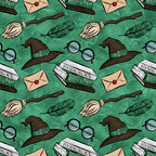 emerald green, forest green, wizard hat, round glasses, broomstick, feather quill, herbology potions, envelope, red wax seal, magical elements, wizarding school, repeating pattern,, fabric panel, whimsical illustration, cartoon style, magic theme, potions book, witch accessories, seamless design