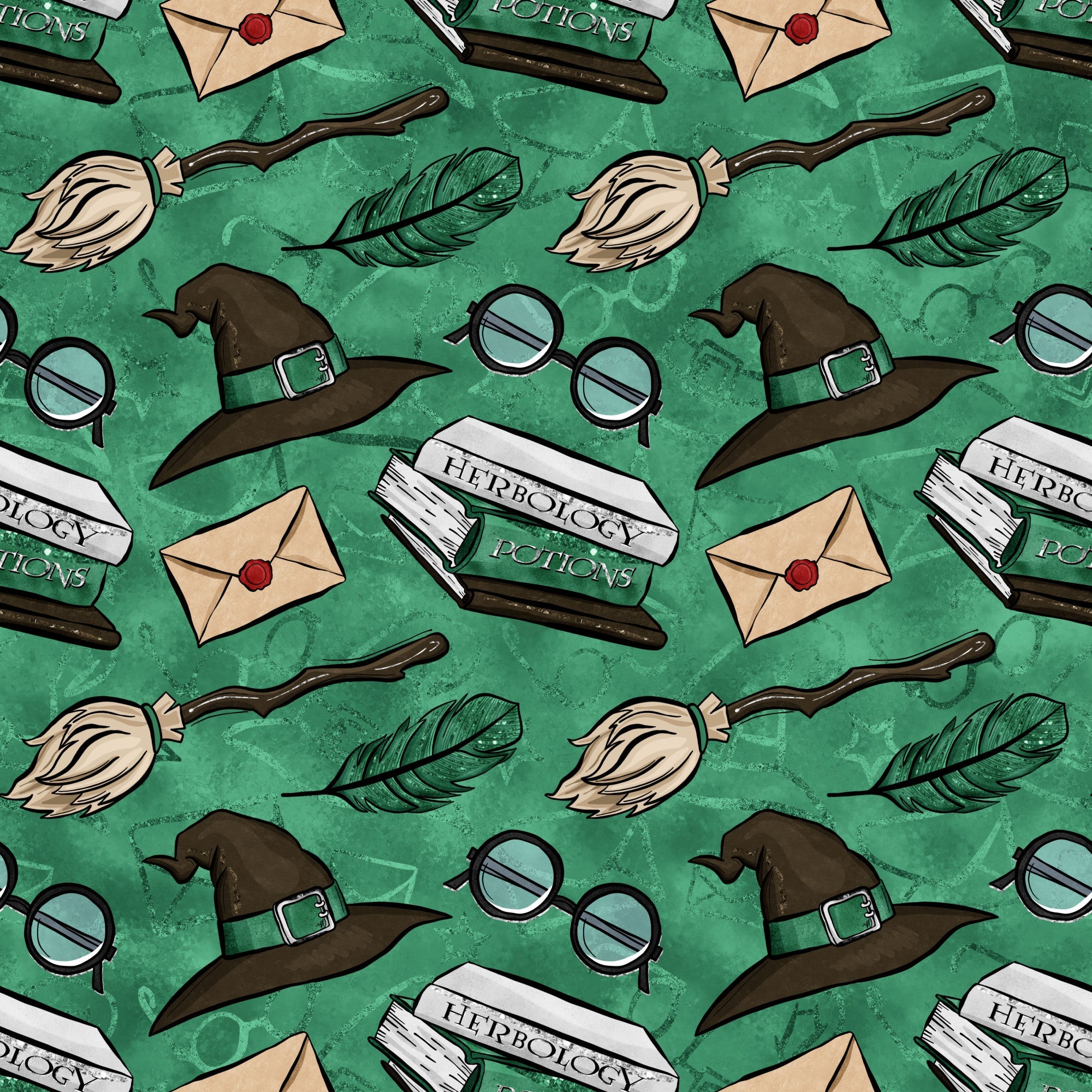 emerald green, forest green, wizard hat, round glasses, broomstick, feather quill, herbology potions, envelope, red wax seal, magical elements, wizarding school, repeating pattern,, fabric panel, whimsical illustration, cartoon style, magic theme, potions book, witch accessories, seamless design
