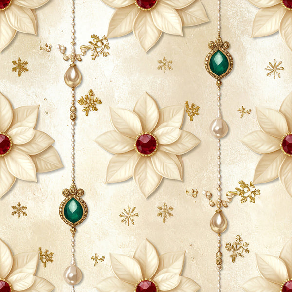 cream, ivory, gold, emerald green, ruby red, pearl white, floral, ornamental, jewelry, luxe, elegant, sophisticated, vintage, holiday, christmas, glamorous, pearls, gemstones, snowflakes, flowers, petals, leaves, ornate, decorative, festive, timeless, premium, botanical, jewel tones
