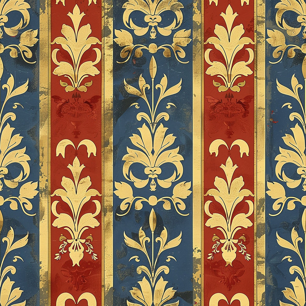 deep blue, burgundy red, gold leaf, fleur-de-lis, ornate scrollwork, damask stripes, french baroque, decorative flourishes, vertical panels,, medieval motifs, royal pattern, vintage weathered, ornamental design, fabric panel, renaissance style, heraldic elements, antique finish