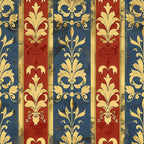 deep blue, burgundy red, gold leaf, fleur-de-lis, ornate scrollwork, damask stripes, french baroque, decorative flourishes, vertical panels,, medieval motifs, royal pattern, vintage weathered, ornamental design, fabric panel, renaissance style, heraldic elements, antique finish