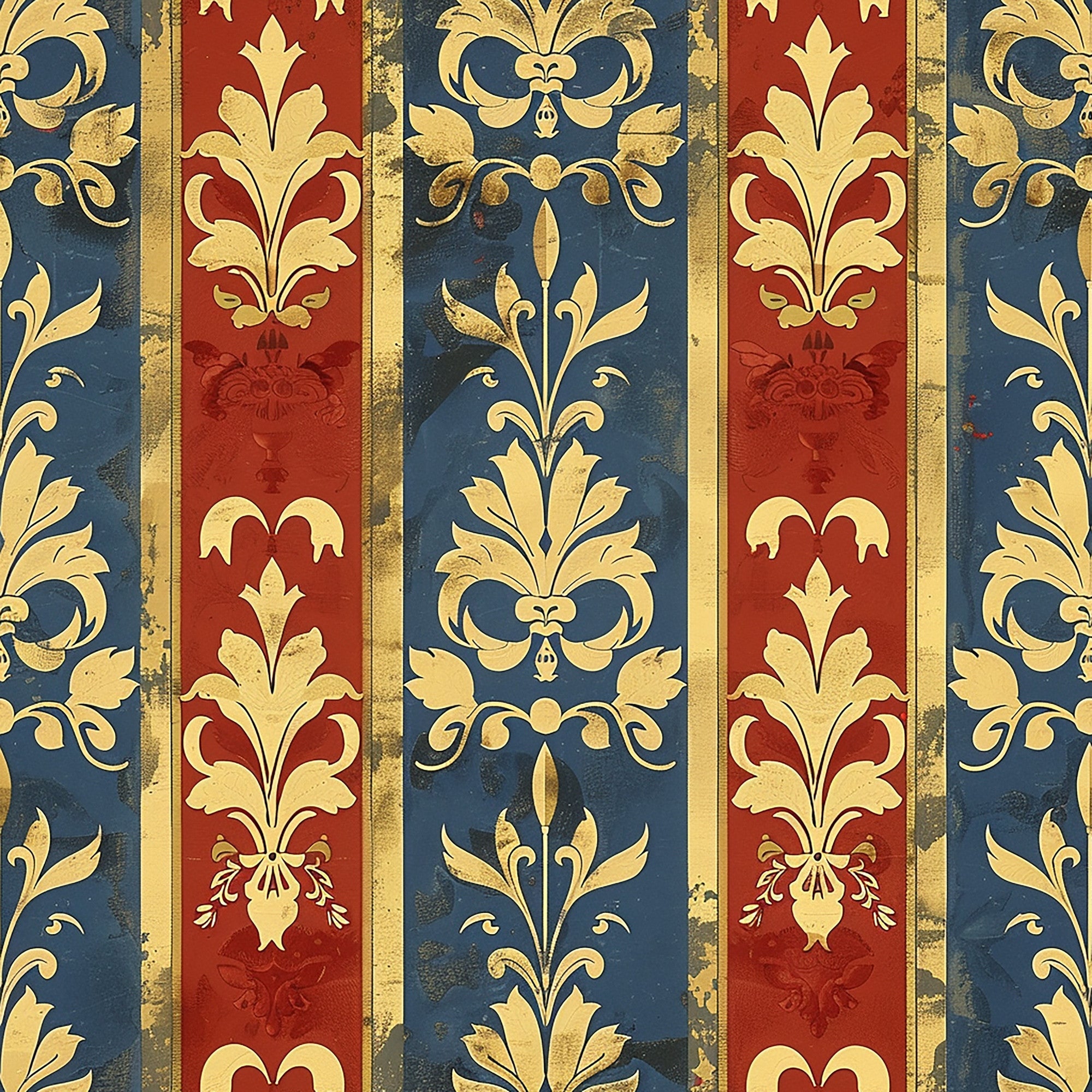 deep blue, burgundy red, gold leaf, fleur-de-lis, ornate scrollwork, damask stripes, french baroque, decorative flourishes, vertical panels,, medieval motifs, royal pattern, vintage weathered, ornamental design, fabric panel, renaissance style, heraldic elements, antique finish