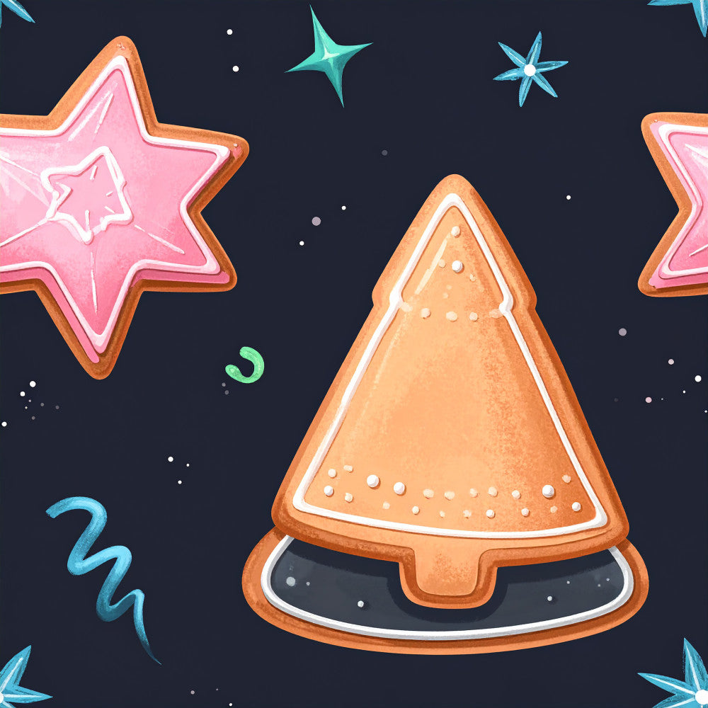 gingerbread, cookie, christmas, holiday, festive, navy blue, coral pink, white, stars, celestial, whimsical, playful, kids, children, nursery, playroom, winter, baking, sweet treats, magical, night sky, decorative, fun, neon pink, cream, gingerbread house, dessert themed, sparkly, dreamy