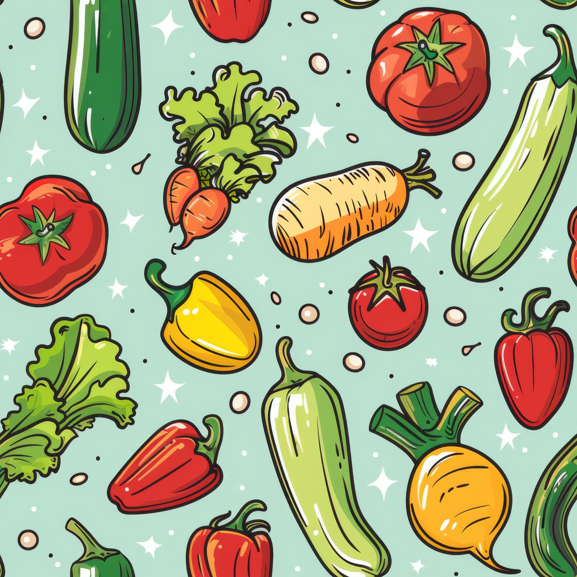 cartoon vegetables, mixed vegetables,, fabric panel, tomatoes, carrots, peppers, zucchini, leafy greens, mint green background, red tomatoes, orange carrots, yellow peppers, green vegetables, whimsical illustration, food pattern, kitchen theme, fresh produce, colorful vegetables, cooking motif, garden vegetables, bright colors, playful design