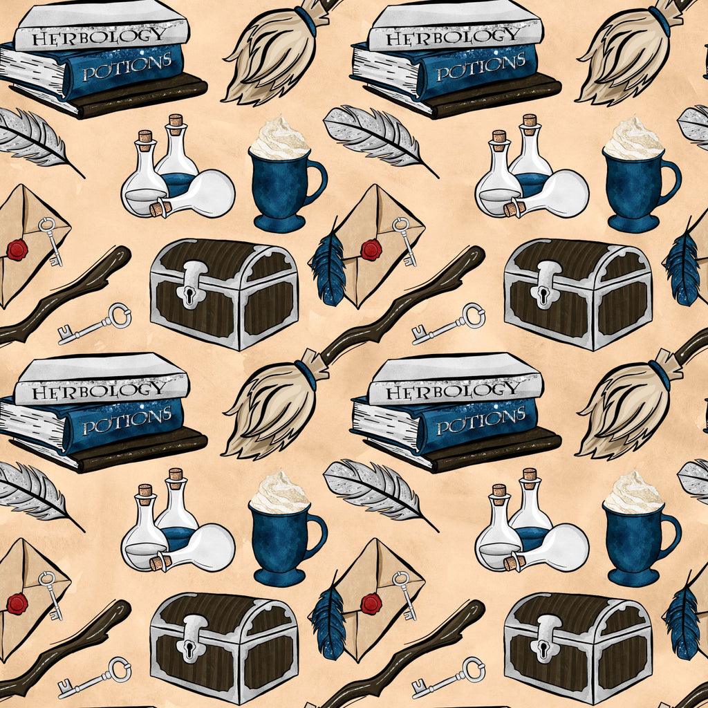 peach background, navy blue, brown, white, wizard books, herbology potions, magic wands, treasure chest, quill feathers, potion bottles, letter envelopes, hot beverage mug, magical keys, fantasy theme,, fabric panel, whimsical pattern, school supplies, mystical elements, repeating design