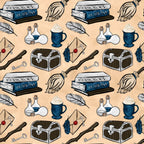 peach background, navy blue, brown, white, wizard books, herbology potions, magic wands, treasure chest, quill feathers, potion bottles, letter envelopes, hot beverage mug, magical keys, fantasy theme,, fabric panel, whimsical pattern, school supplies, mystical elements, repeating design