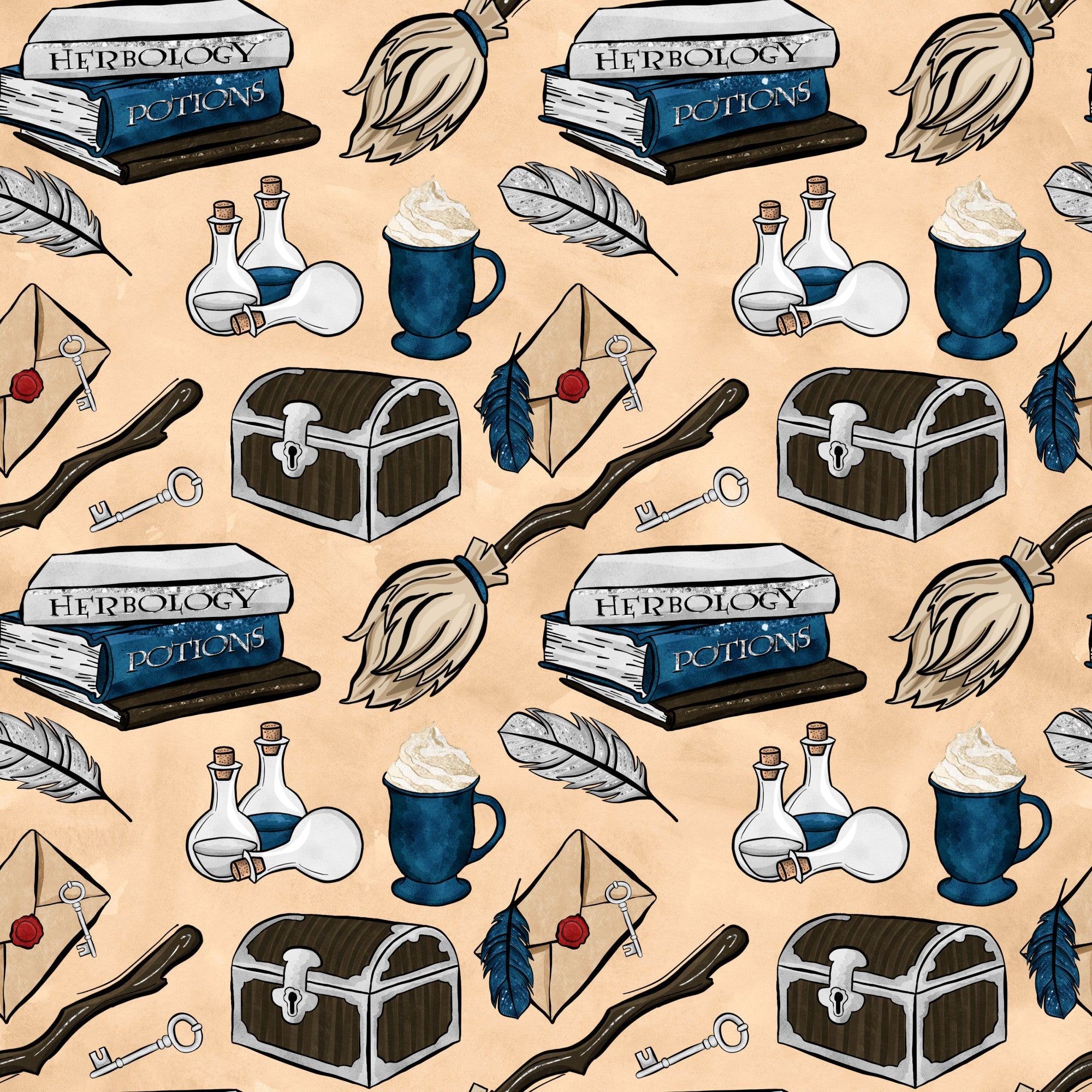 peach background, navy blue, brown, white, wizard books, herbology potions, magic wands, treasure chest, quill feathers, potion bottles, letter envelopes, hot beverage mug, magical keys, fantasy theme,, fabric panel, whimsical pattern, school supplies, mystical elements, repeating design
