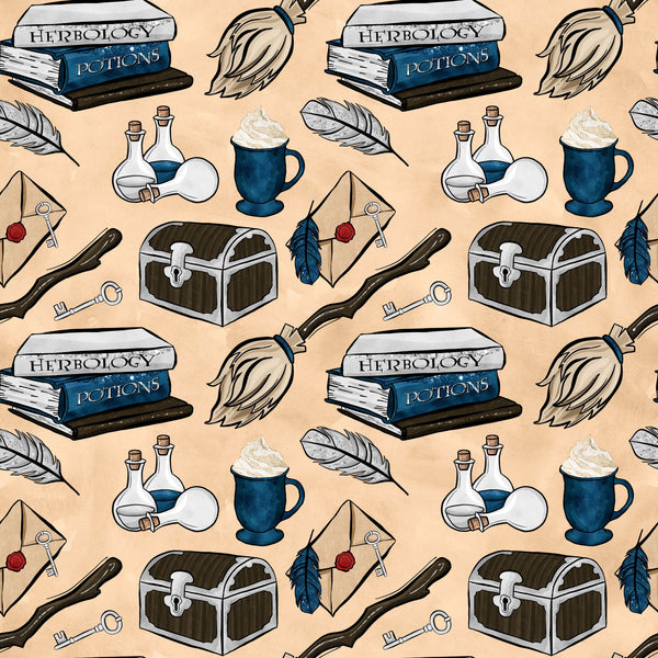 peach background, navy blue, brown, white, wizard books, herbology potions, magic wands, treasure chest, quill feathers, potion bottles, letter envelopes, hot beverage mug, magical keys, fantasy theme,, fabric panel, whimsical pattern, school supplies, mystical elements, repeating design