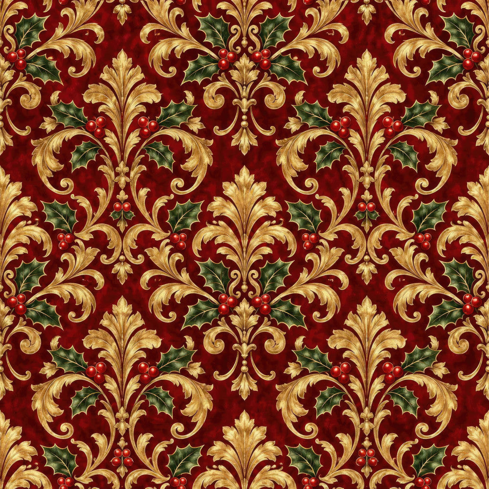 deep red, burgundy, gold, cream, forest green, damask, floral, scrollwork, ornamental, victorian, elegant, traditional, classic, holiday, christmas, festive, holly, berries, baroque, vintage, luxurious, formal, decorative, botanical, timeless, ornate, sophisticated, seasonal, winter