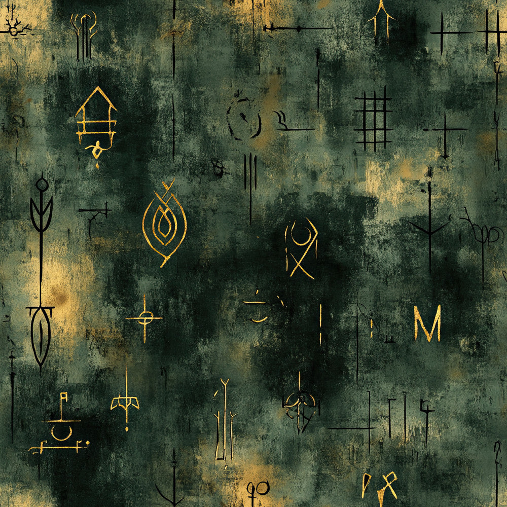 forest green, sage green, teal green, gold, mustard yellow, distressed, weathered, grunge, mystical, occult, symbols, runes, witchy, gothic, dark academia, celestial, esoteric, vintage occult, magical, spellbook, ritualistic, mysterious, bohemian, alternative, edgy, spiritual, ethereal, fantasy, dark fantasy, moody aesthetic