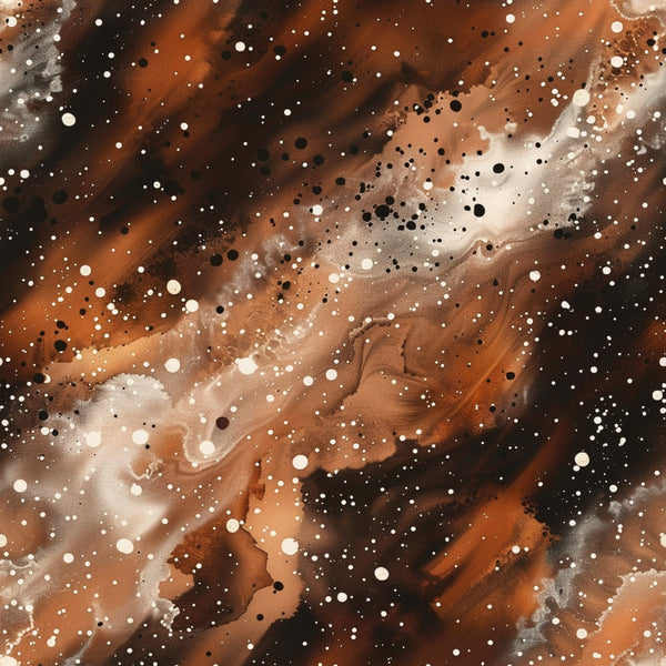 brown, rust, orange, copper, cream, white, black, galaxy, cosmic, nebula, stars, space, celestial, painted, watercolor, abstract, speckled, dotted, swirled,, fabric panel, astronomy, universe