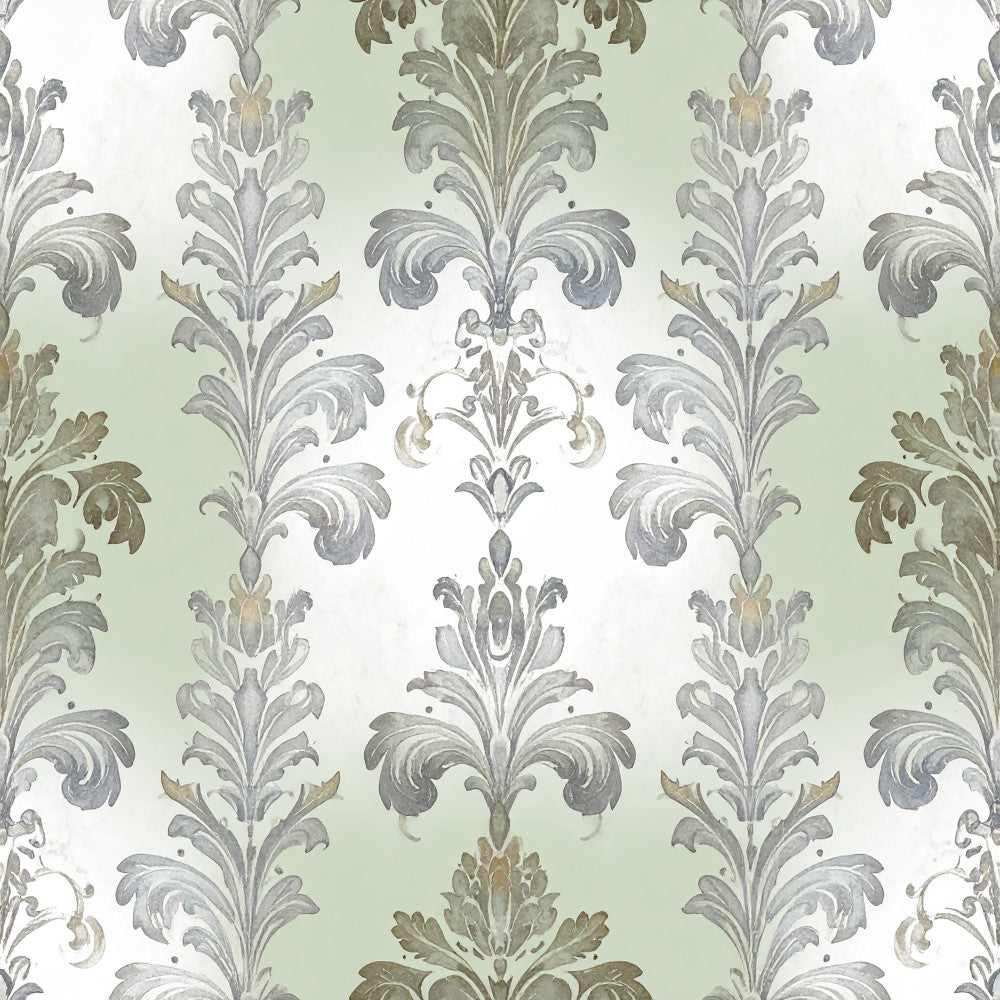 sage green, soft gray, cream, taupe, damask, floral, ornamental, scrollwork, acanthus leaves, baroque, victorian, elegant, traditional, classic, botanical, vintage, timeless, formal, sophisticated, decorative flourishes, curled leaves, symmetrical pattern, neutral tones, muted colors, antique, transitional style, home decor, upholstery inspired