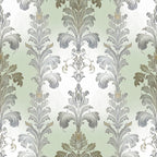 sage green, soft gray, cream, taupe, damask, floral, ornamental, scrollwork, acanthus leaves, baroque, victorian, elegant, traditional, classic, botanical, vintage, timeless, formal, sophisticated, decorative flourishes, curled leaves, symmetrical pattern, neutral tones, muted colors, antique, transitional style, home decor, upholstery inspired