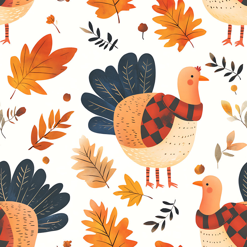 autumn turkey, fall leaves, thanksgiving, harvest theme, woodland animals, birds, orange, cream, navy blue, burnt orange, red plaid, checkered, nature inspired, whimsical, playful, kids room, nursery, toddler, seasonal, fall foliage, acorns, berries, feathered friends, rustic charm, farm animals, cozy, warm tones, children's decor