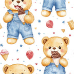 blue, teddy bear, baby boy, watercolor style, ice cream cones, overalls, denim, golden brown, pink hearts, red balloons, stars, polka dots, cute animals, whimsical, playful, nursery theme,, fabric panel, cheerful, soft pastels