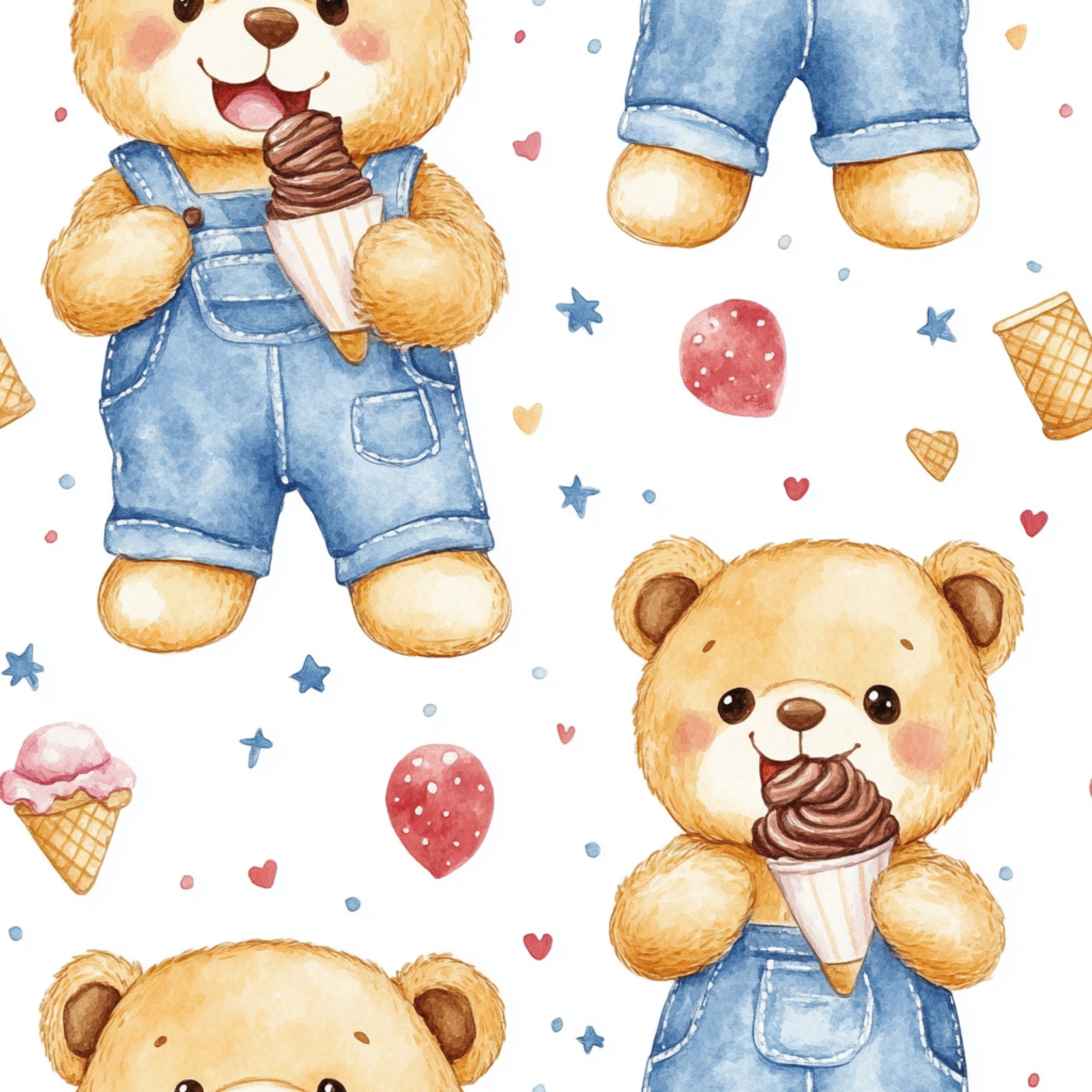 blue, teddy bear, baby boy, watercolor style, ice cream cones, overalls, denim, golden brown, pink hearts, red balloons, stars, polka dots, cute animals, whimsical, playful, nursery theme,, fabric panel, cheerful, soft pastels