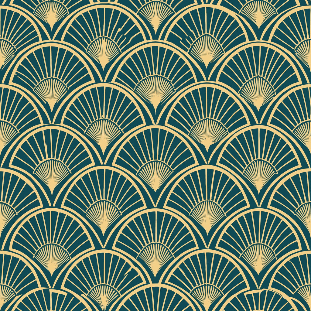 art deco, geometric pattern, fan motif, radiating lines, teal green, gold, cream, repeating design, vintage style, elegant, luxurious, sunburst pattern, scalloped edges,, fabric panel, 1920s inspired, decorative motif, sophisticated, ornate design