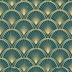 art deco, geometric pattern, fan motif, radiating lines, teal green, gold, cream, repeating design, vintage style, elegant, luxurious, sunburst pattern, scalloped edges,, fabric panel, 1920s inspired, decorative motif, sophisticated, ornate design