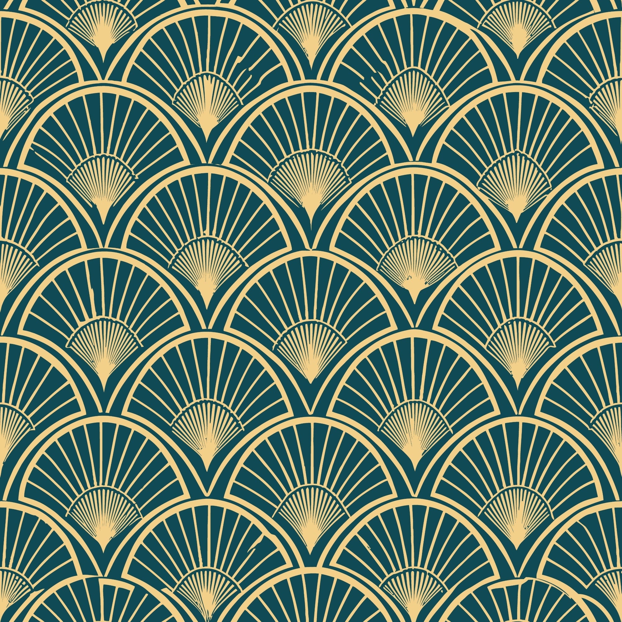 art deco, geometric pattern, fan motif, radiating lines, teal green, gold, cream, repeating design, vintage style, elegant, luxurious, sunburst pattern, scalloped edges,, fabric panel, 1920s inspired, decorative motif, sophisticated, ornate design
