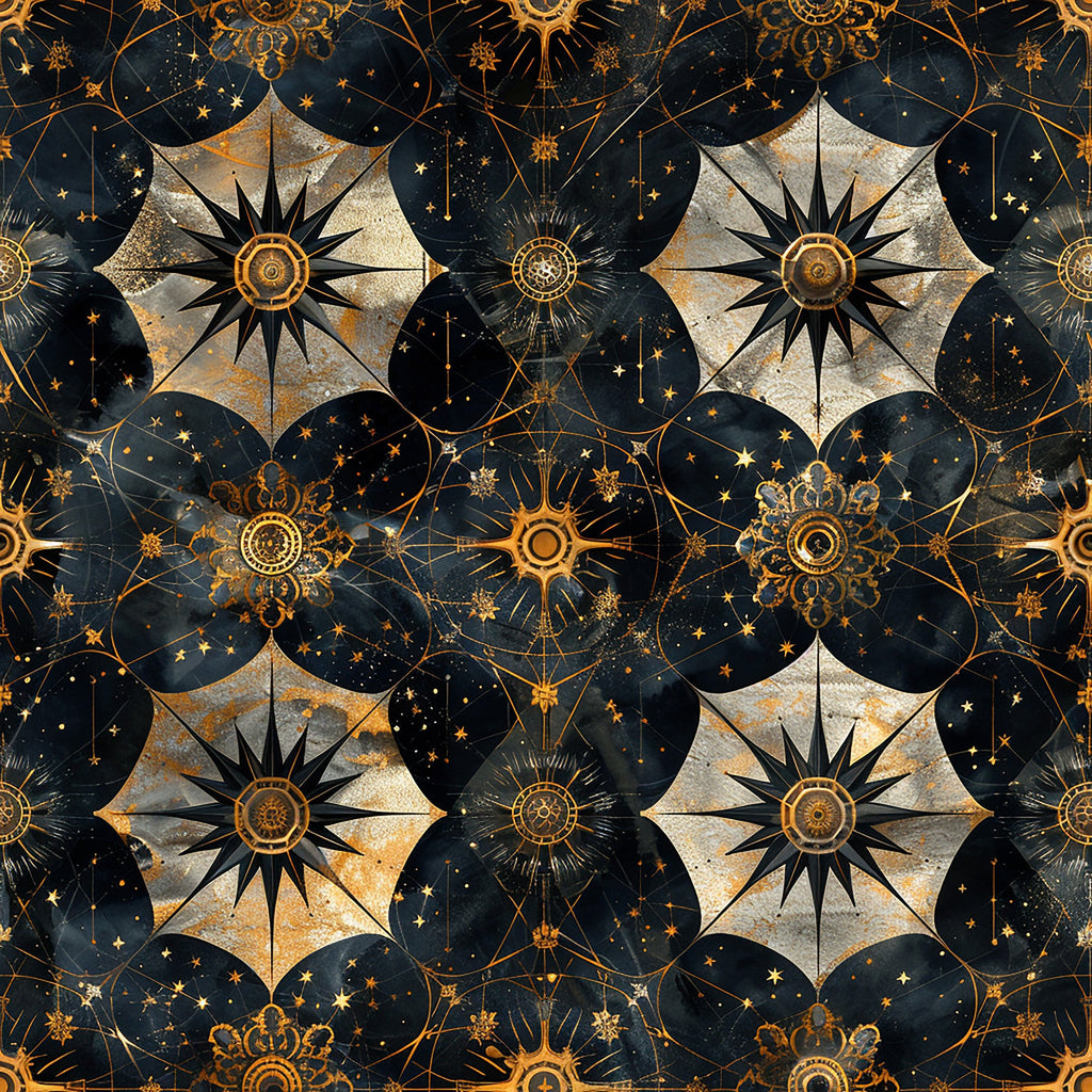 navy blue, golden yellow, cream, celestial pattern, compass roses, star motifs, geometric circles, baroque style, ornate designs,, fabric panel, mystical atmosphere, intricate details, repeating pattern, astronomical theme, decorative elements, luxurious feel, vintage inspired, metallic accents