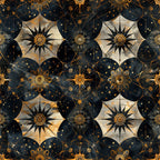 navy blue, golden yellow, cream, celestial pattern, compass roses, star motifs, geometric circles, baroque style, ornate designs,, fabric panel, mystical atmosphere, intricate details, repeating pattern, astronomical theme, decorative elements, luxurious feel, vintage inspired, metallic accents