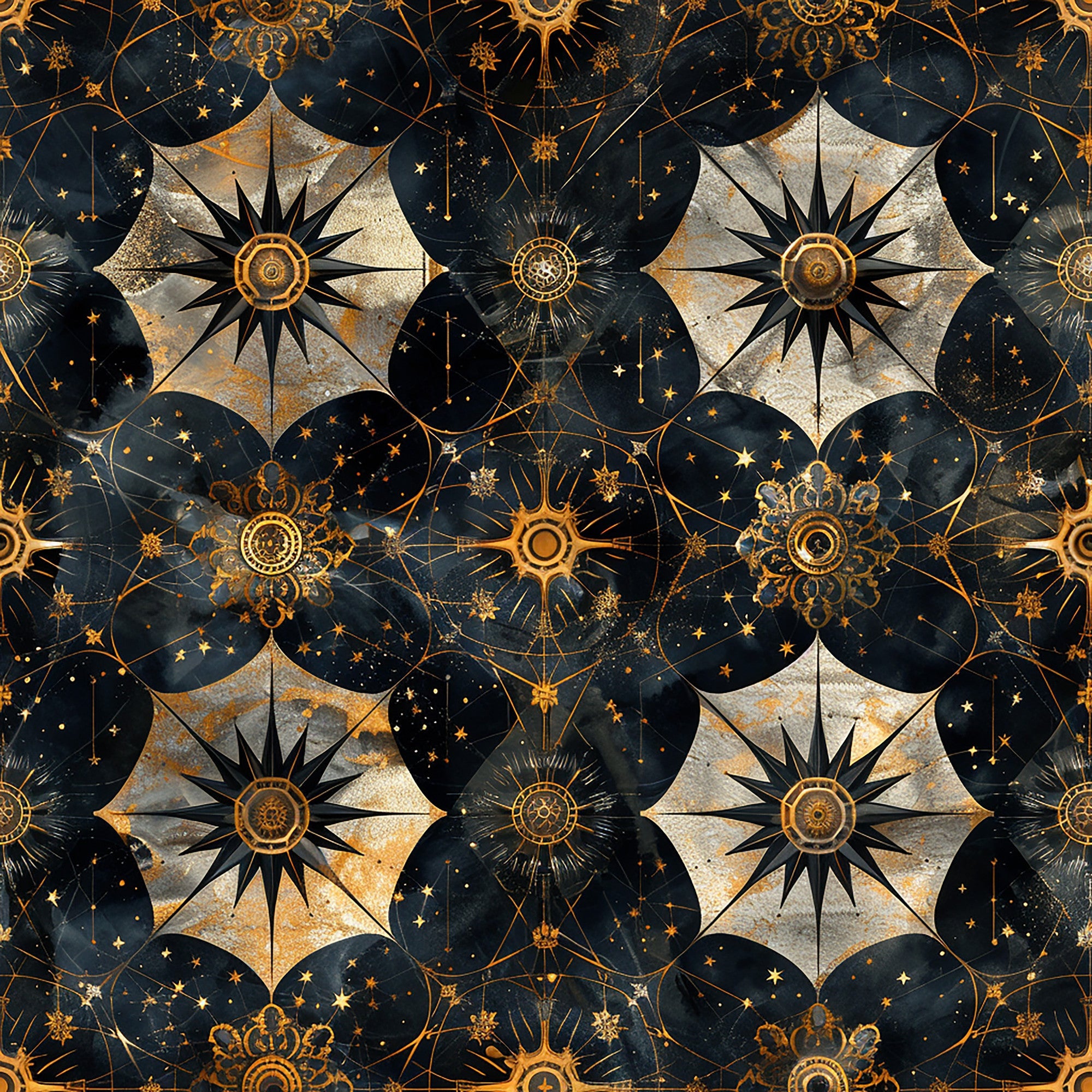 navy blue, golden yellow, cream, celestial pattern, compass roses, star motifs, geometric circles, baroque style, ornate designs,, fabric panel, mystical atmosphere, intricate details, repeating pattern, astronomical theme, decorative elements, luxurious feel, vintage inspired, metallic accents