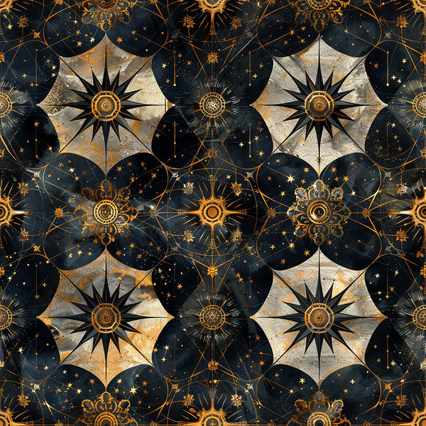 navy blue, golden yellow, cream, celestial pattern, compass roses, star motifs, geometric circles, baroque style, ornate designs,, fabric panel, mystical atmosphere, intricate details, repeating pattern, astronomical theme, decorative elements, luxurious feel, vintage inspired, metallic accents