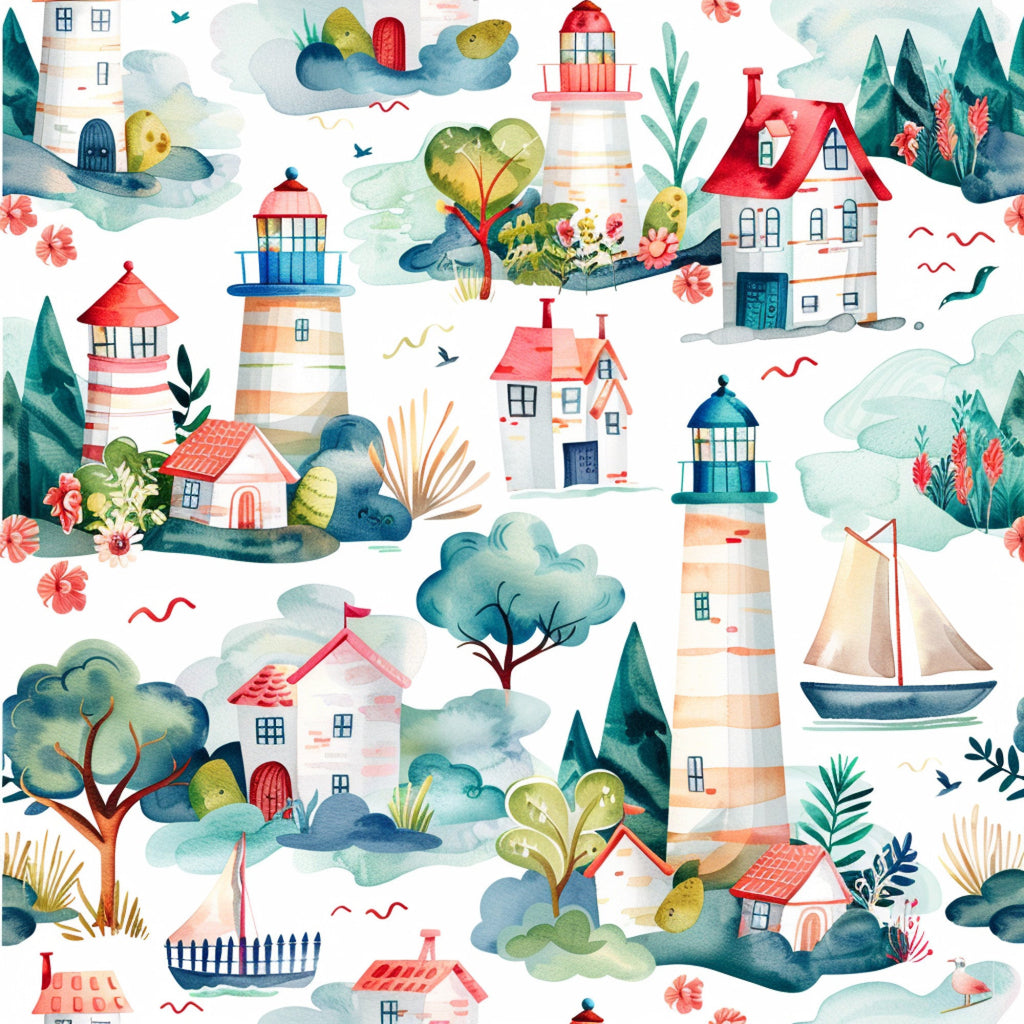 watercolor style, lighthouse pattern, coastal scene, red roofs, blue water, green trees, coral pink flowers, sailboat, whimsical houses, repeating pattern,, fabric panel, nautical theme, springtime motif, pastel colors, maritime elements, scenic landscape, cottage design, ocean waves, botanical accents