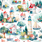 watercolor style, lighthouse pattern, coastal scene, red roofs, blue water, green trees, coral pink flowers, sailboat, whimsical houses, repeating pattern,, fabric panel, nautical theme, springtime motif, pastel colors, maritime elements, scenic landscape, cottage design, ocean waves, botanical accents