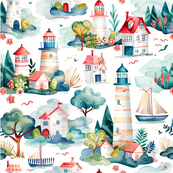 watercolor style, lighthouse pattern, coastal scene, red roofs, blue water, green trees, coral pink flowers, sailboat, whimsical houses, repeating pattern,, fabric panel, nautical theme, springtime motif, pastel colors, maritime elements, scenic landscape, cottage design, ocean waves, botanical accents