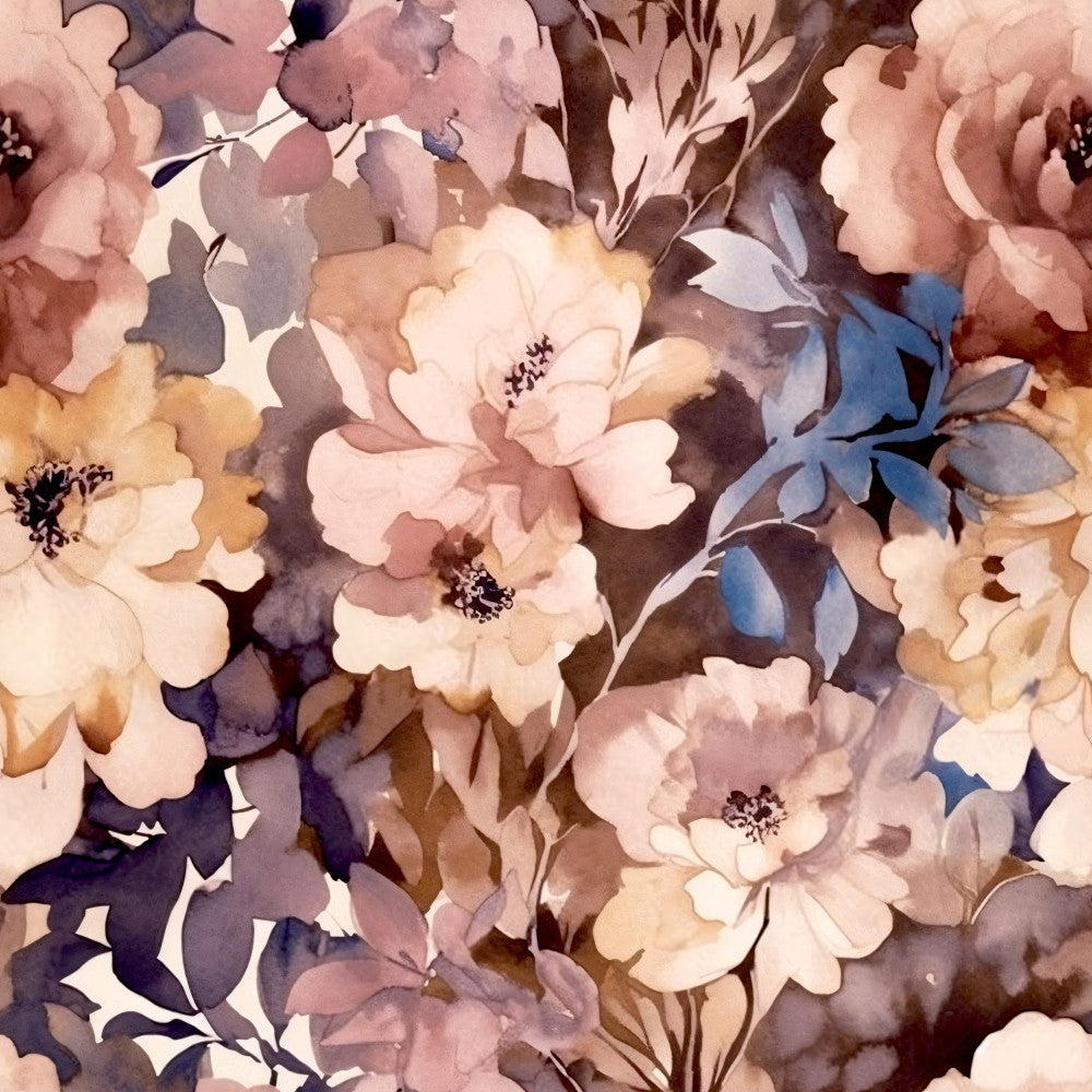 dusty rose, mauve, cream, pale pink, soft pink, blush pink, taupe, warm brown, navy blue, periwinkle, peachy beige, watercolor, floral, botanical, roses, layered petals, romantic, vintage, elegant, garden flowers, spring, nature-inspired, feminine, soft, delicate, dreamy, whimsical, nursery, baby girl, traditional floral