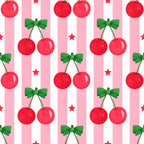 cherry red, hot pink, coral pink, forest green, white striped, candy stripe, cherries, bows, red stars, holiday, christmas, festive, whimsical, playful, modern, cute, sweet, cherry print, ribbon bows, decorative stars, nursery, kids room, playroom, baby shower, spring, summer, girly, cheerful, vintage inspired