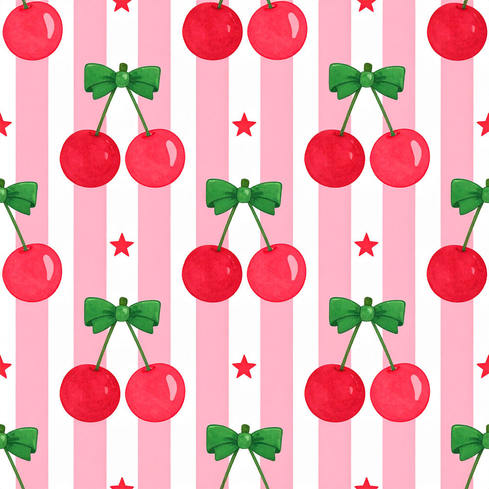 cherry red, hot pink, coral pink, forest green, white striped, candy stripe, cherries, bows, red stars, holiday, christmas, festive, whimsical, playful, modern, cute, sweet, cherry print, ribbon bows, decorative stars, nursery, kids room, playroom, baby shower, spring, summer, girly, cheerful, vintage inspired