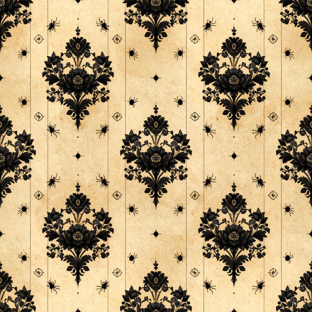 cream, black, ivory, damask, floral, spiders, vintage, gothic, halloween, elegant, traditional, ornate, baroque, dark academia, celestial, botanical, nature, mystical, spooky, sophisticated, classic, antique, insects, arachnid, decorative, formal, victorian, whimsical, home decor, upholstery