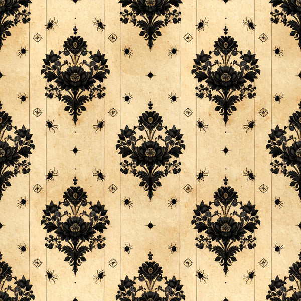 cream, black, ivory, damask, floral, spiders, vintage, gothic, halloween, elegant, traditional, ornate, baroque, dark academia, celestial, botanical, nature, mystical, spooky, sophisticated, classic, antique, insects, arachnid, decorative, formal, victorian, whimsical, home decor, upholstery