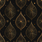 gold and black, art deco, celestial, geometric, radial design, starburst, ornamental, elegant, luxurious, sophisticated, metallic gold, deep black, vintage, retro, boho chic, bohemian, art nouveau, sunburst pattern, leaf motifs, teardrop shapes, decorative stars, dots and stars, glamorous, modern elegant, home decor, upholstery, fashion, evening wear, formal, festive