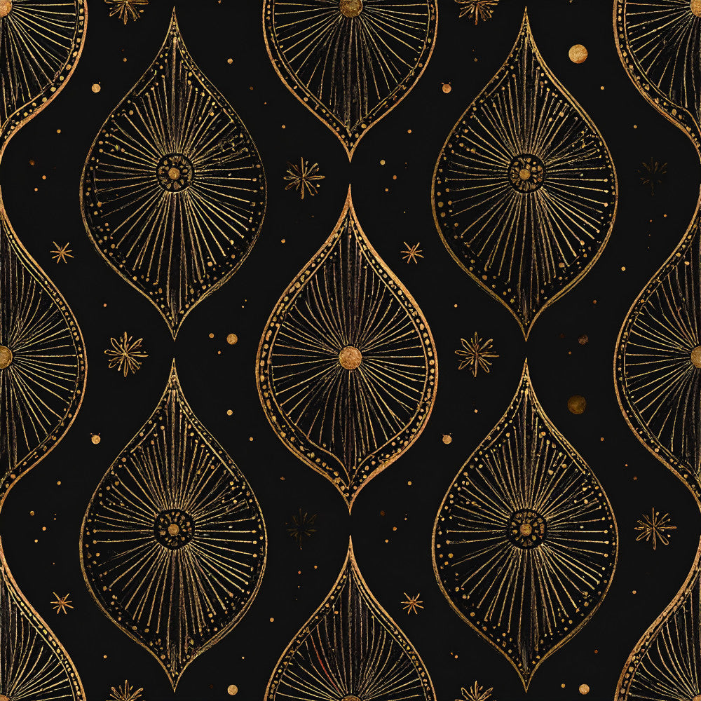 gold and black, art deco, celestial, geometric, radial design, starburst, ornamental, elegant, luxurious, sophisticated, metallic gold, deep black, vintage, retro, boho chic, bohemian, art nouveau, sunburst pattern, leaf motifs, teardrop shapes, decorative stars, dots and stars, glamorous, modern elegant, home decor, upholstery, fashion, evening wear, formal, festive
