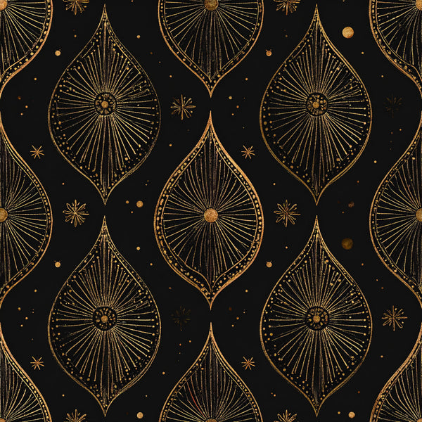gold and black, art deco, celestial, geometric, radial design, starburst, ornamental, elegant, luxurious, sophisticated, metallic gold, deep black, vintage, retro, boho chic, bohemian, art nouveau, sunburst pattern, leaf motifs, teardrop shapes, decorative stars, dots and stars, glamorous, modern elegant, home decor, upholstery, fashion, evening wear, formal, festive