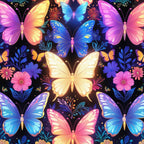 fantasy butterflies,, fabric panel, vibrant colors, pink butterflies, blue butterflies, yellow butterflies, purple butterflies, floral elements, dark background, whimsical design, colorful wings, botanical motifs, decorative flowers, magical theme, bright hues, nature inspired, symmetrical pattern, enchanted garden, craft fabric